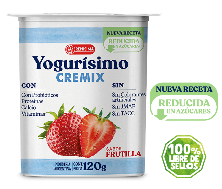 Yogur cremoso frutilla Yogurísimo cremix reducido en azúcar.