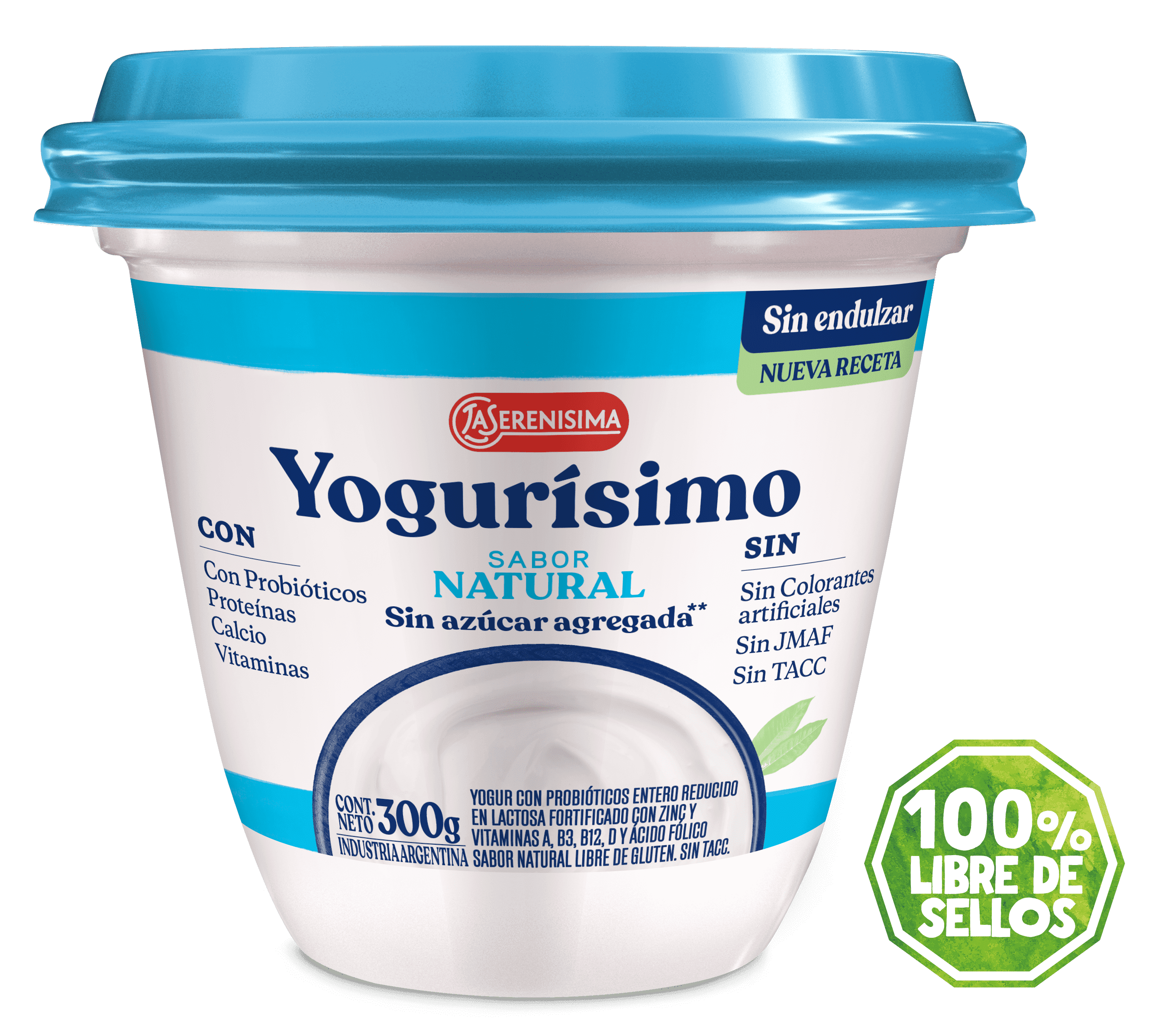 Yogur Natural 300g. Sin azúcar agregada . Yogurísimo 100% libre de sellos