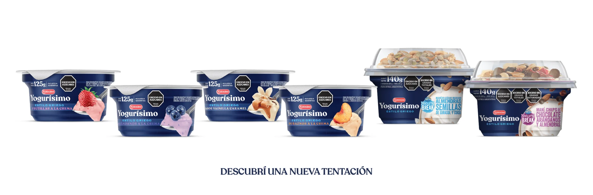 Yogur griego y frutos rojos, frutilla, almendras,  vainilla,  chocolate y durazno. Yogrurísimo estilo griego en todos sus sabores.